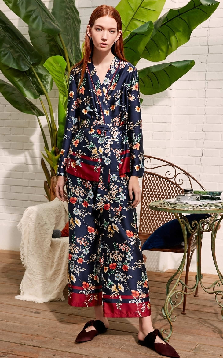 Drapery Botanic Print Lace-up Homewear Sleepwear