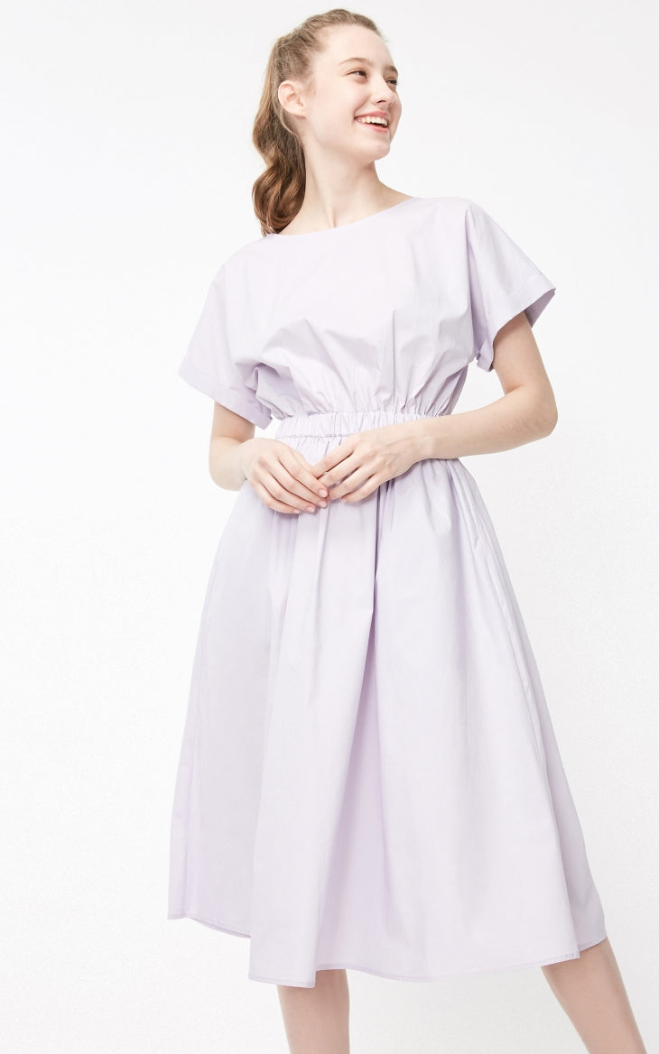 Batwing Sleeves Elasticized Waist Round Neck Pure Dress