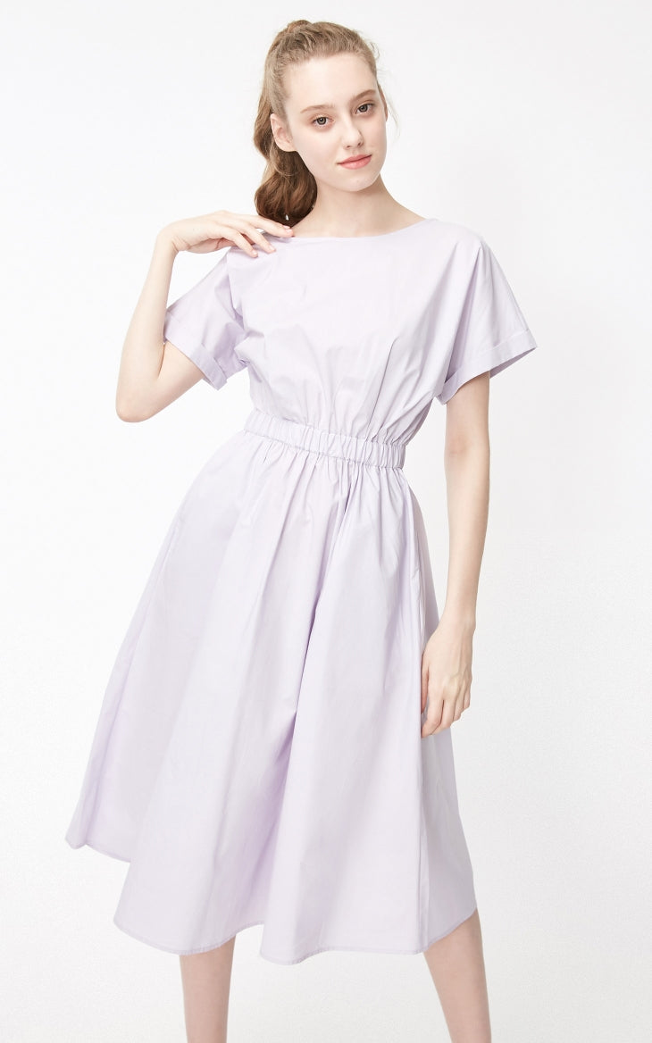 Batwing Sleeves Elasticized Waist Round Neck Pure Dress
