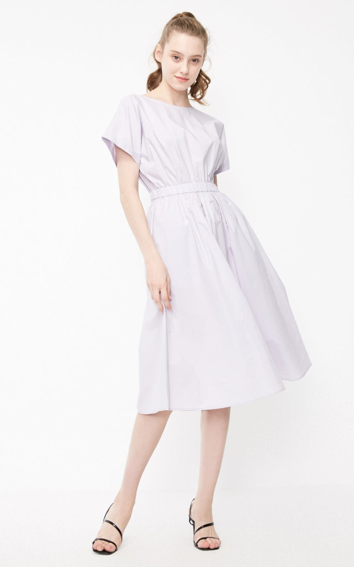Batwing Sleeves Elasticized Waist Round Neck Pure Dress