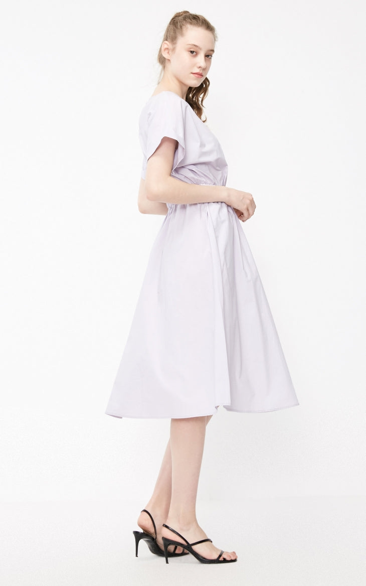 Batwing Sleeves Elasticized Waist Round Neck Pure Dress