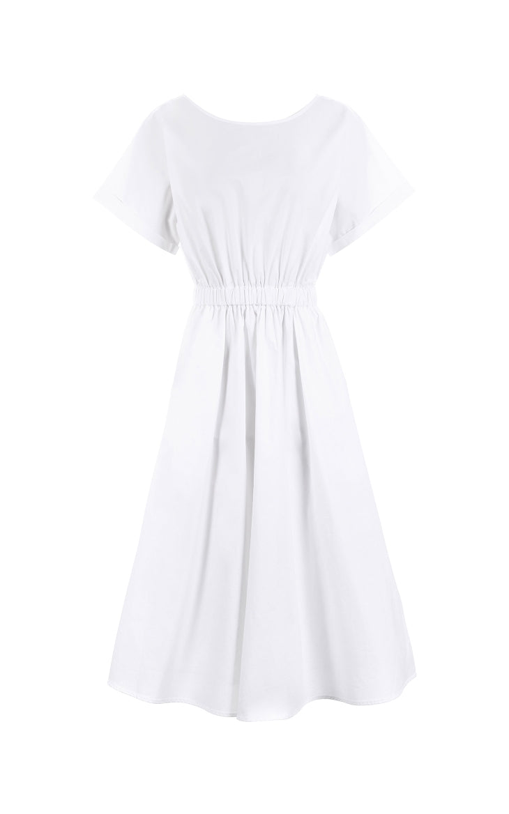 Batwing Sleeves Elasticized Waist Round Neck Pure Dress