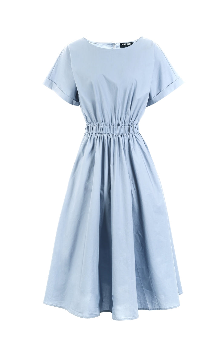 Batwing Sleeves Elasticized Waist Round Neck Pure Dress