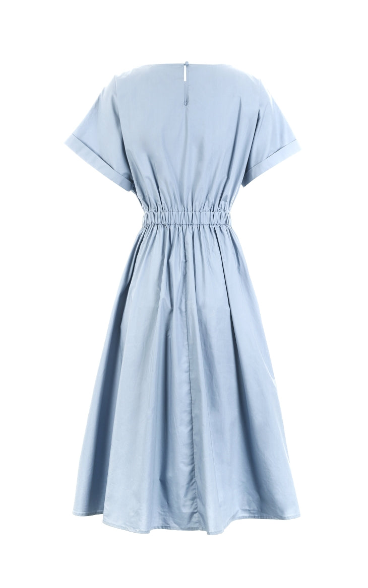 Batwing Sleeves Elasticized Waist Round Neck Pure Dress