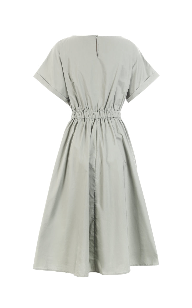 Batwing Sleeves Elasticized Waist Round Neck Pure Dress