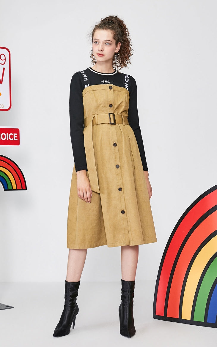 Embroidered Mid-length A-lined True Two-piece Overalls Dress