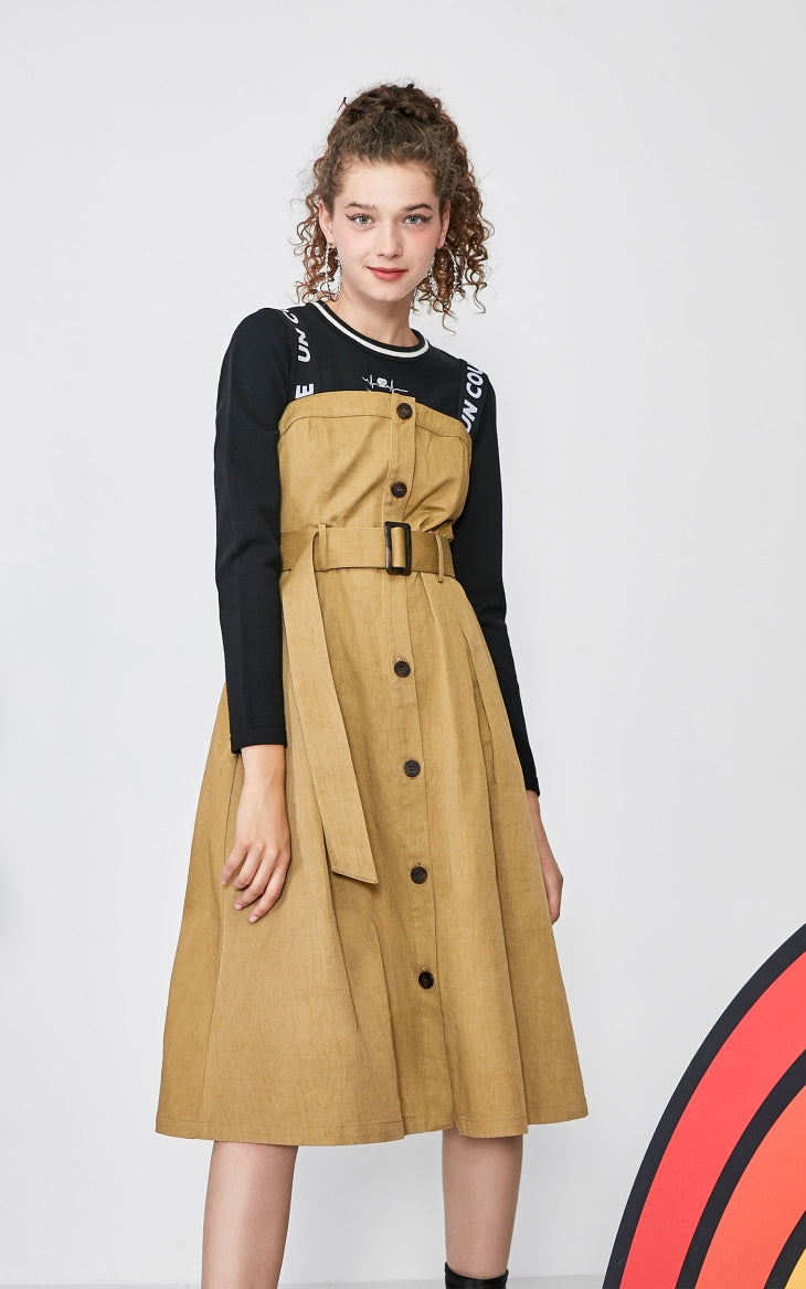 Embroidered Mid-length A-lined True Two-piece Overalls Dress