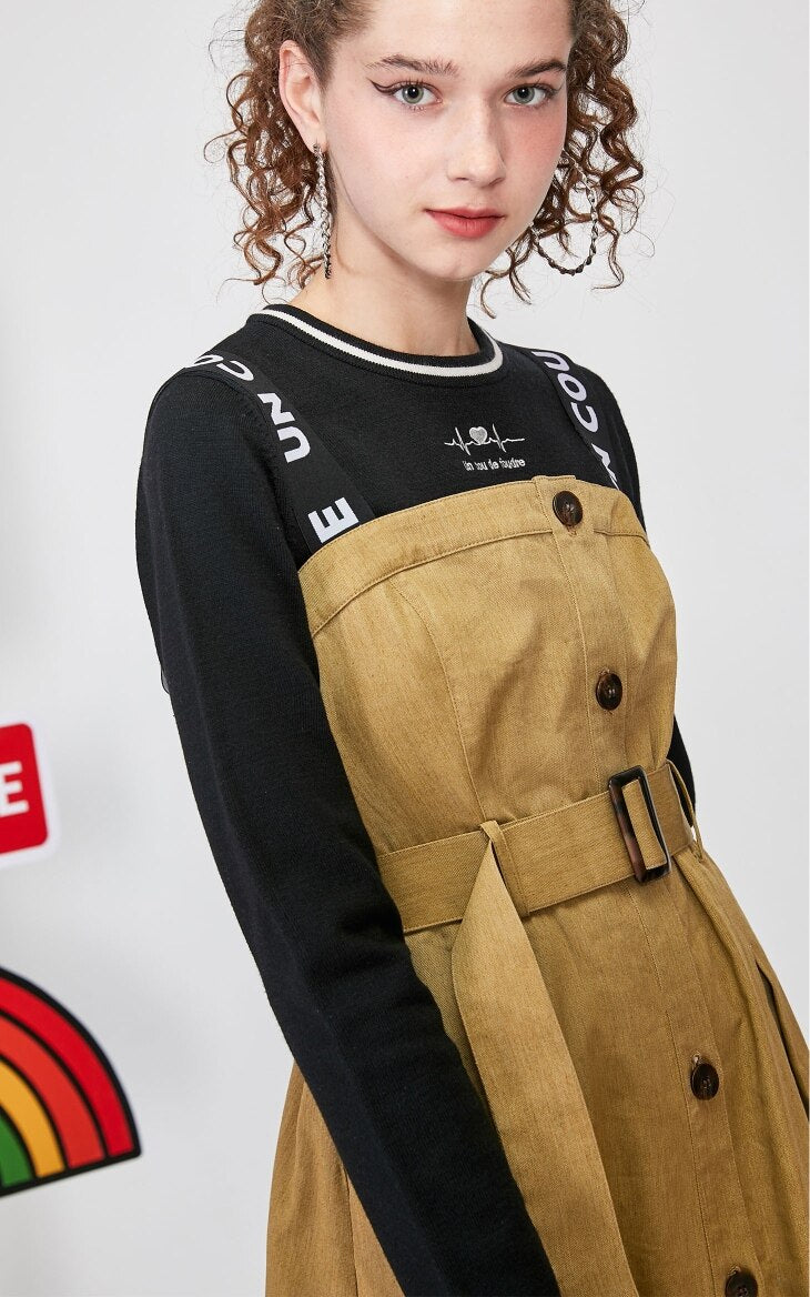 Embroidered Mid-length A-lined True Two-piece Overalls Dress