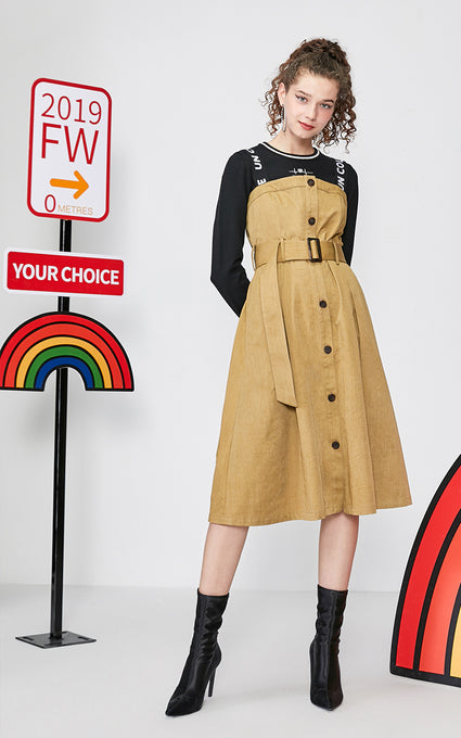 Embroidered Mid-length A-lined True Two-piece Overalls Dress