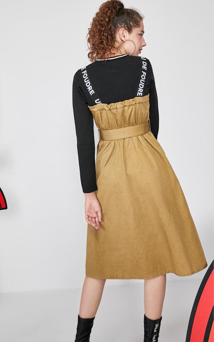 Embroidered Mid-length A-lined True Two-piece Overalls Dress