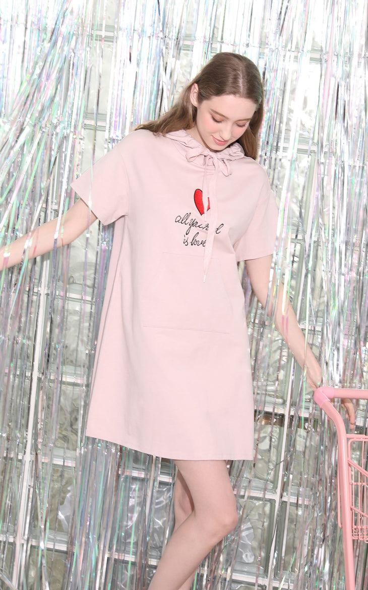 Embroidered Heart & Letters Hooded Homewear Dress