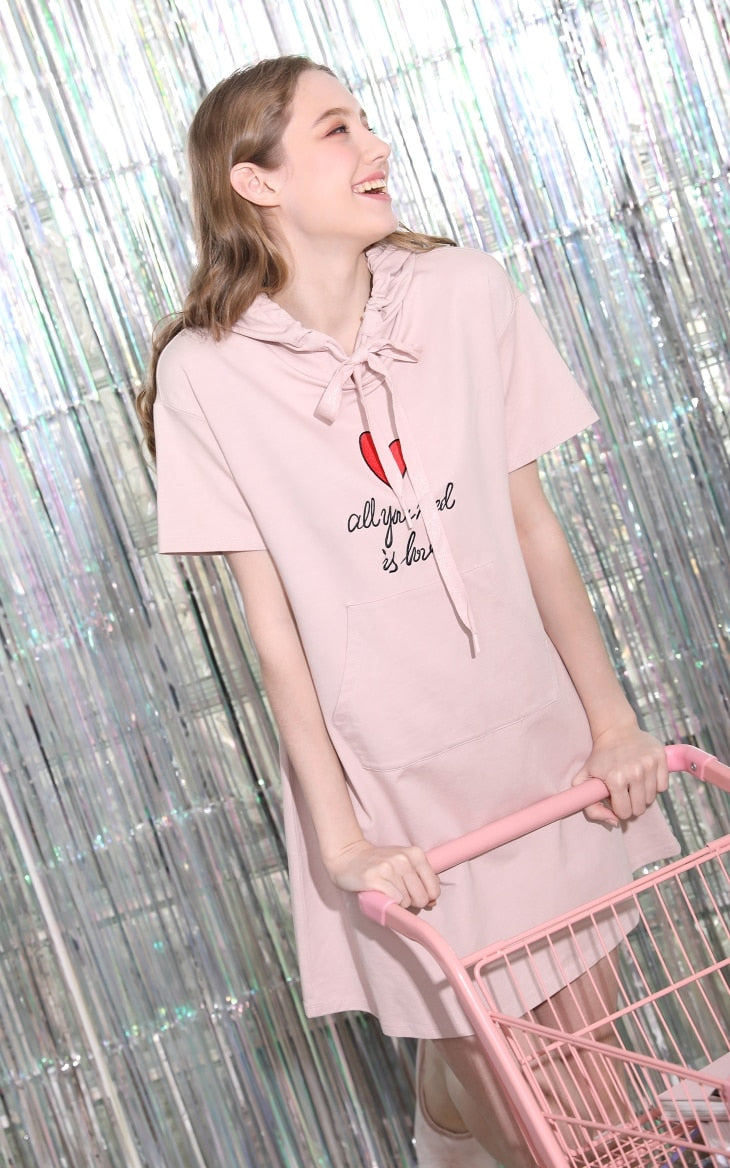 Embroidered Heart & Letters Hooded Homewear Dress
