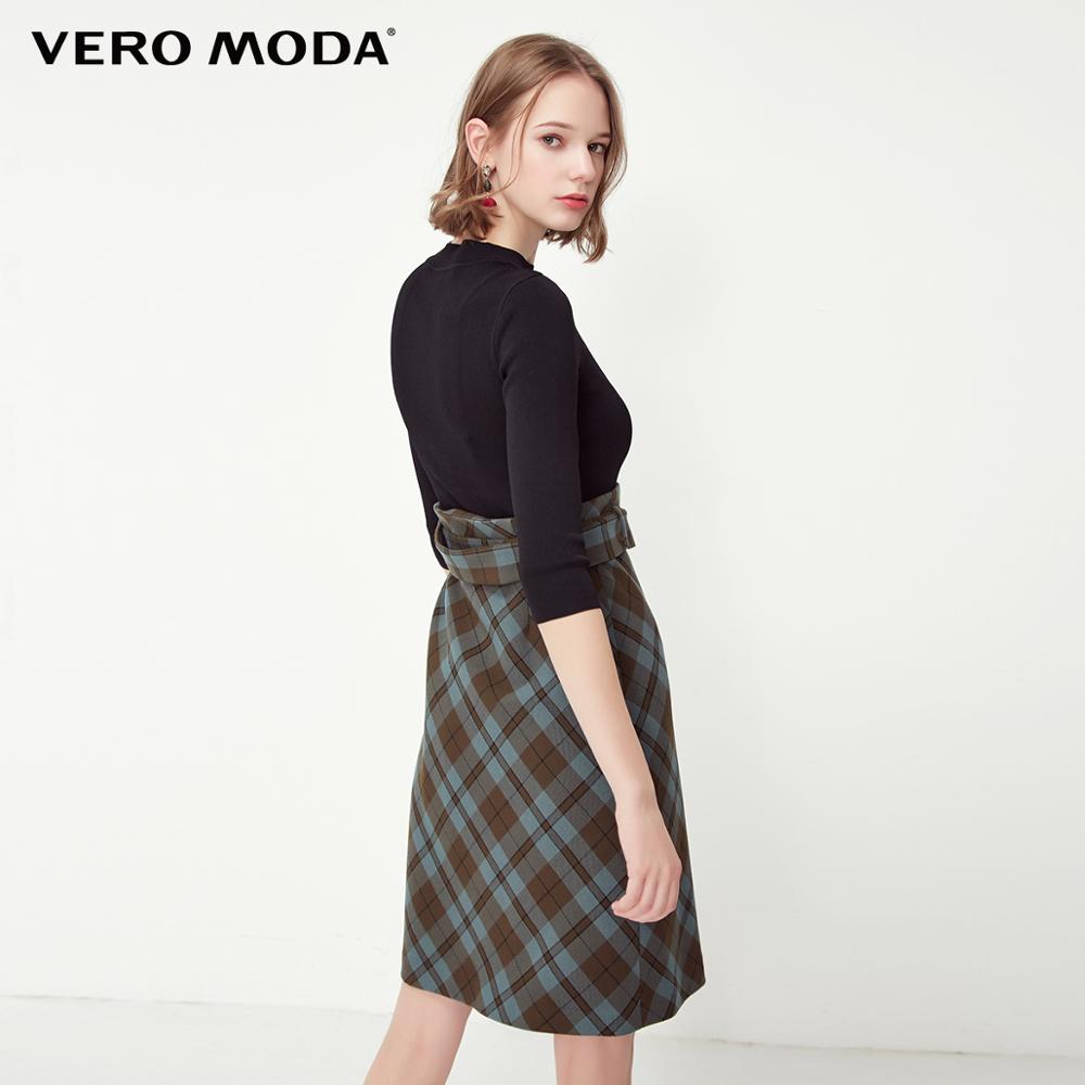 OL Style Plaid Round Neckline 3/4 Sleeves Knit Dress
