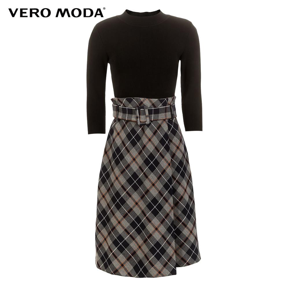 OL Style Plaid Round Neckline 3/4 Sleeves Knit Dress