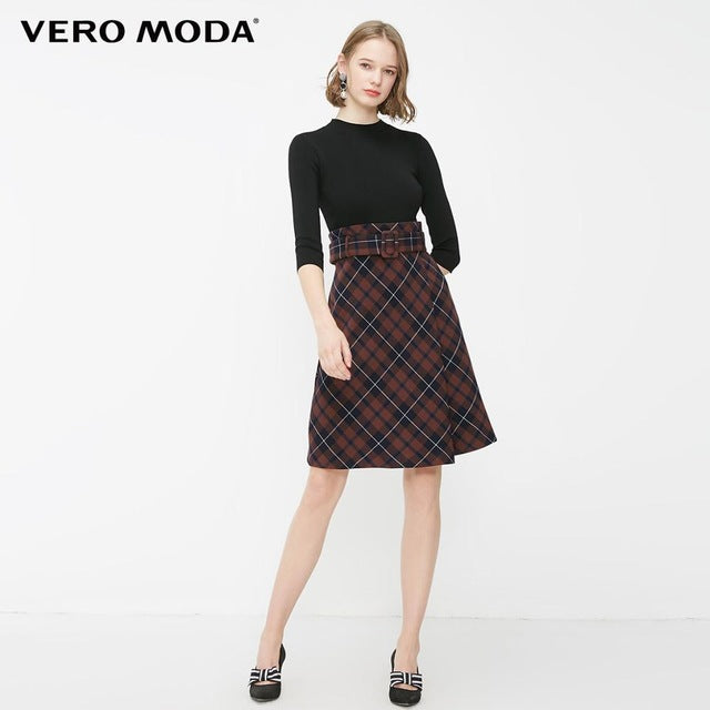 OL Style Plaid Round Neckline 3/4 Sleeves Knit Dress