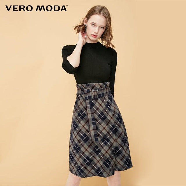 OL Style Plaid Round Neckline 3/4 Sleeves Knit Dress