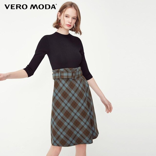 OL Style Plaid Round Neckline 3/4 Sleeves Knit Dress