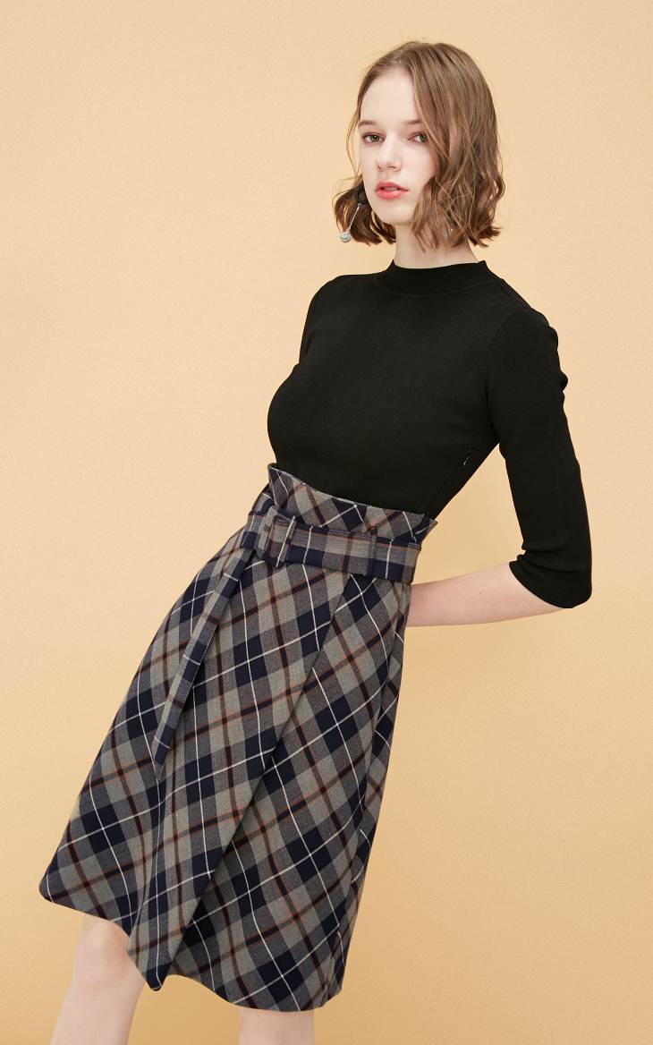 OL Style Plaid Round Neckline 3/4 Sleeves Knit Dress