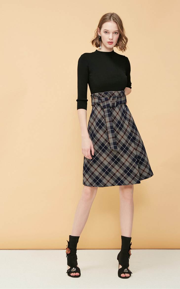 OL Style Plaid Round Neckline 3/4 Sleeves Knit Dress