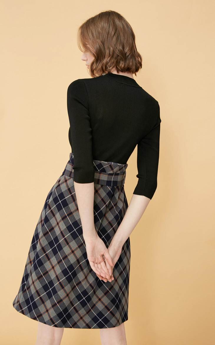 OL Style Plaid Round Neckline 3/4 Sleeves Knit Dress