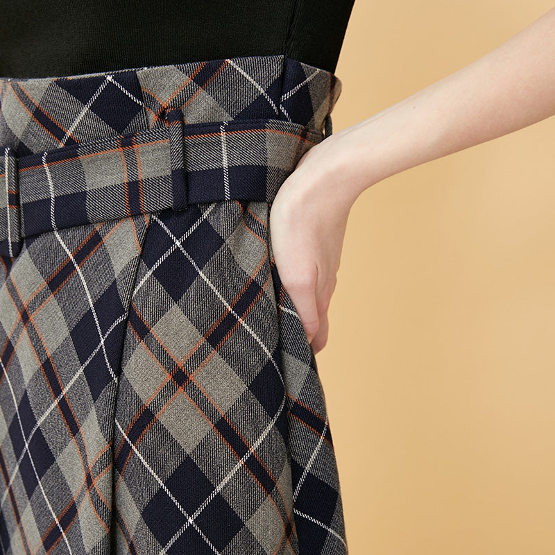 OL Style Plaid Round Neckline 3/4 Sleeves Knit Dress