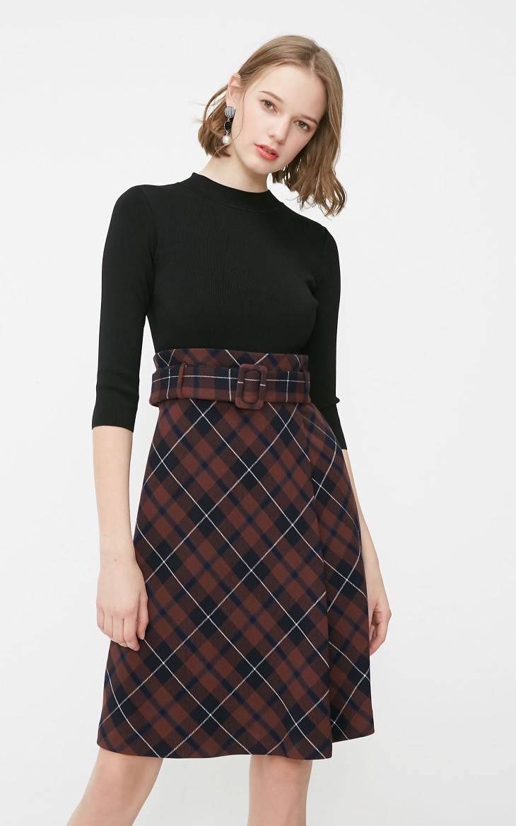 OL Style Plaid Round Neckline 3/4 Sleeves Knit Dress