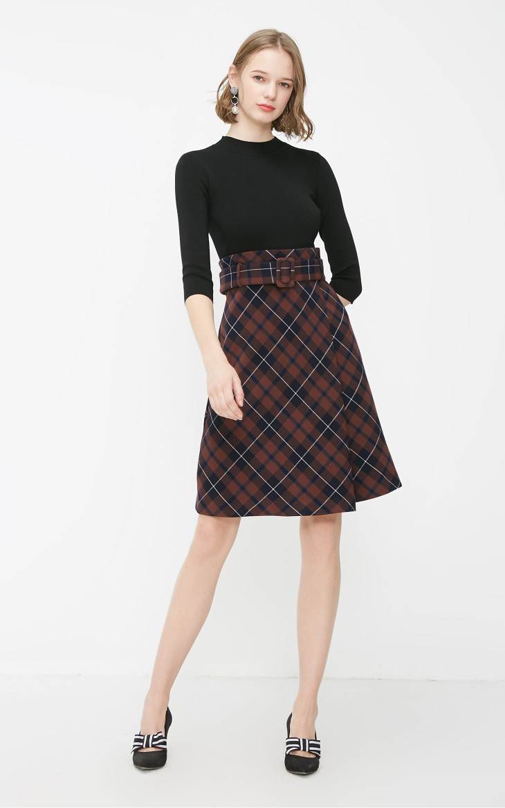 OL Style Plaid Round Neckline 3/4 Sleeves Knit Dress