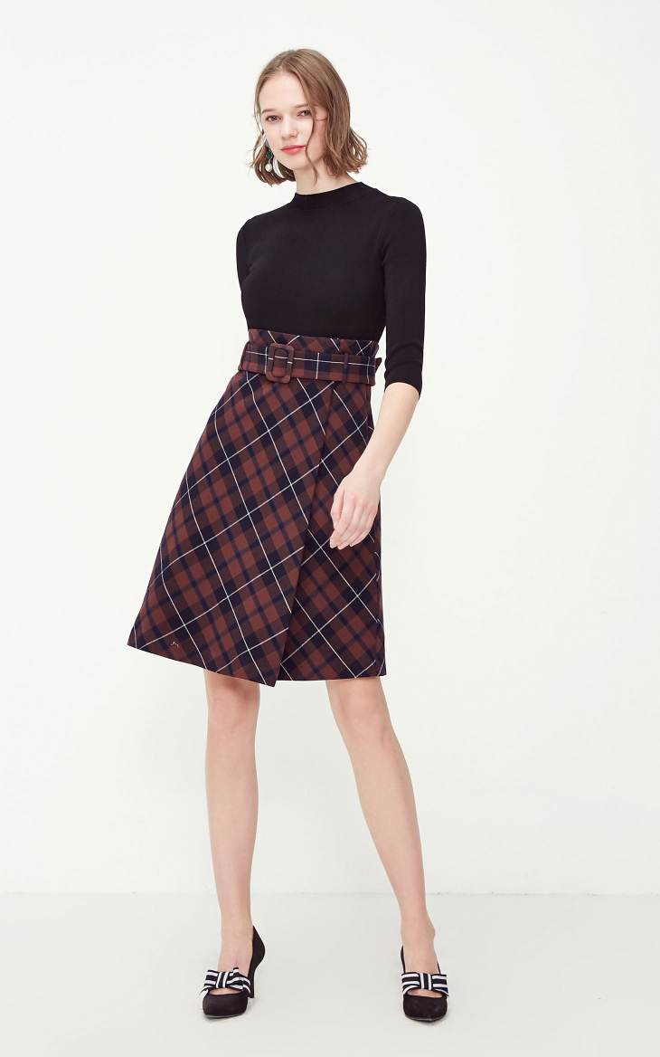 OL Style Plaid Round Neckline 3/4 Sleeves Knit Dress