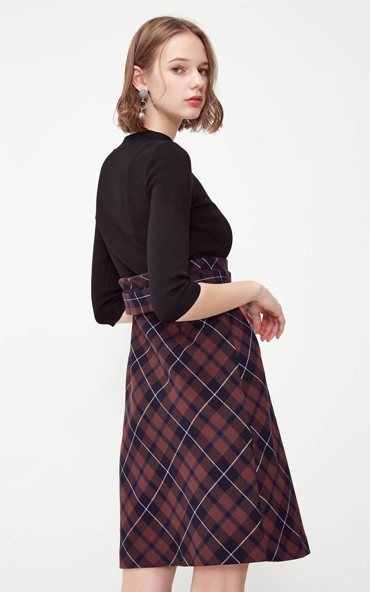 OL Style Plaid Round Neckline 3/4 Sleeves Knit Dress