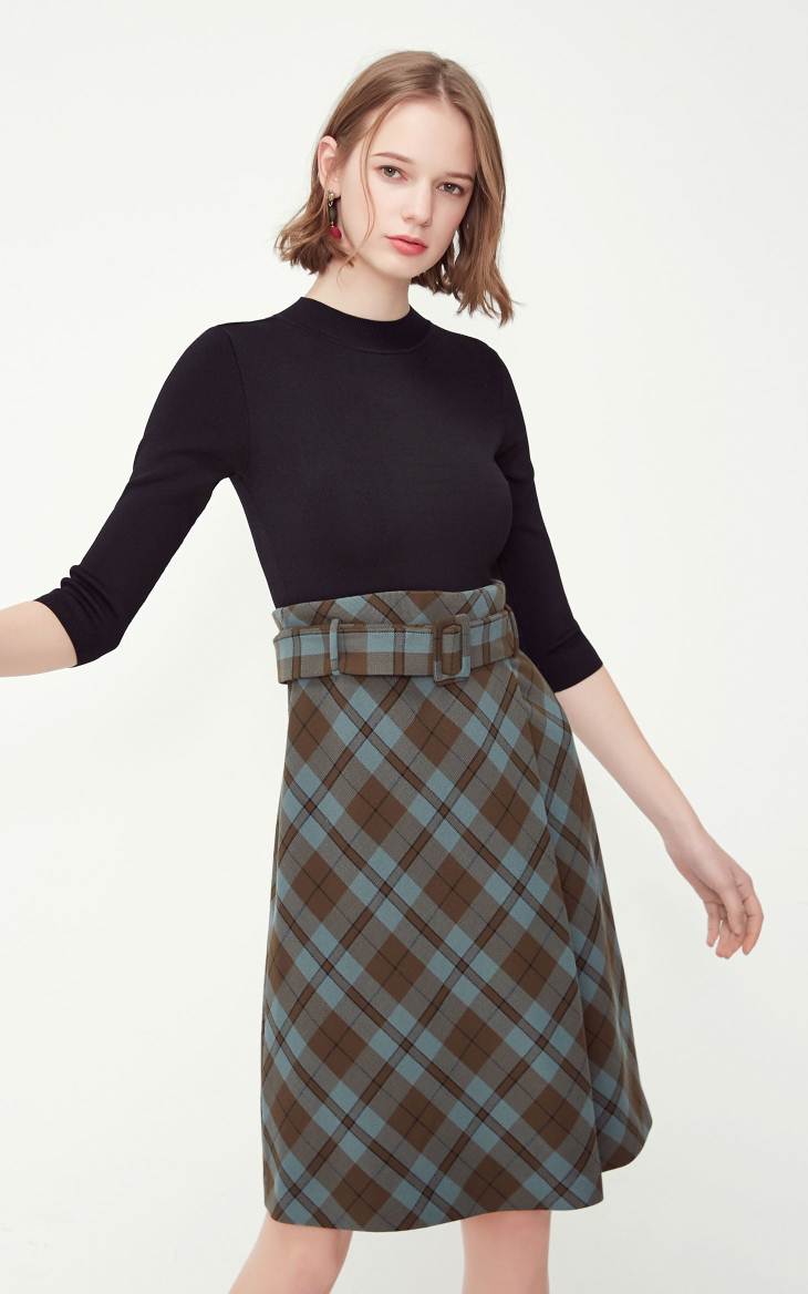 OL Style Plaid Round Neckline 3/4 Sleeves Knit Dress