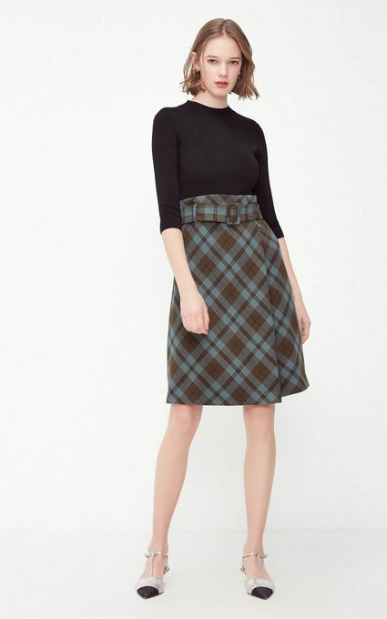 OL Style Plaid Round Neckline 3/4 Sleeves Knit Dress
