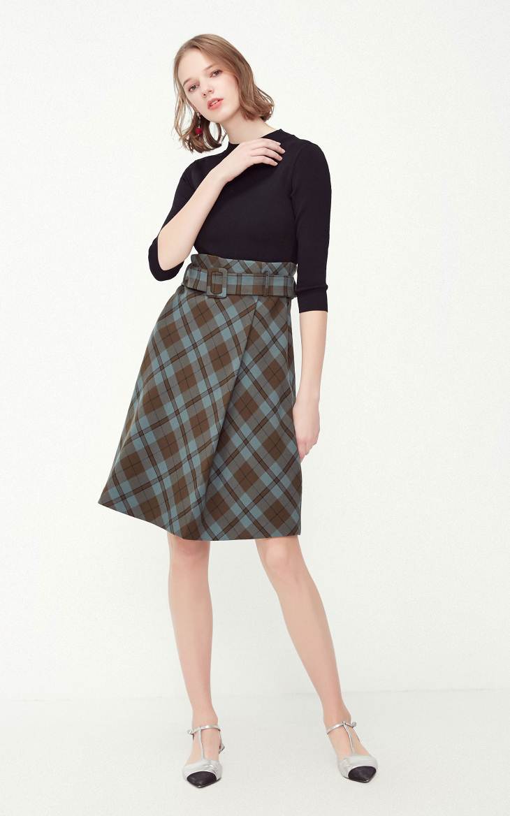 OL Style Plaid Round Neckline 3/4 Sleeves Knit Dress