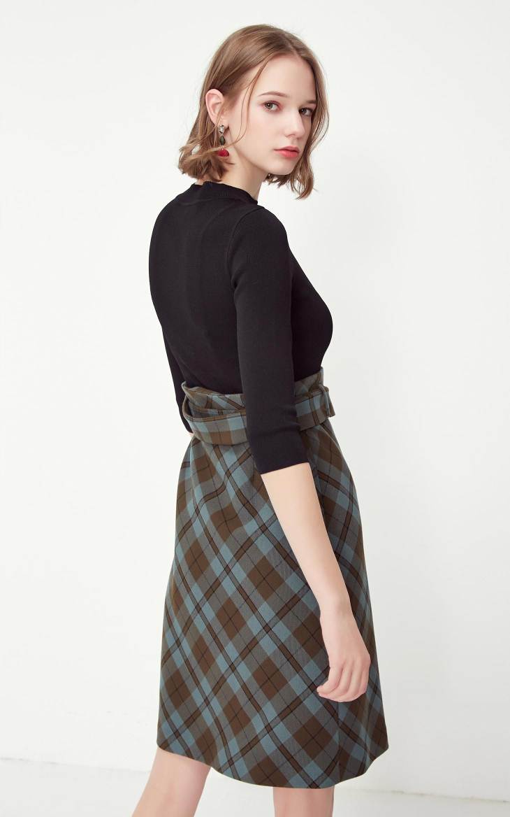 OL Style Plaid Round Neckline 3/4 Sleeves Knit Dress