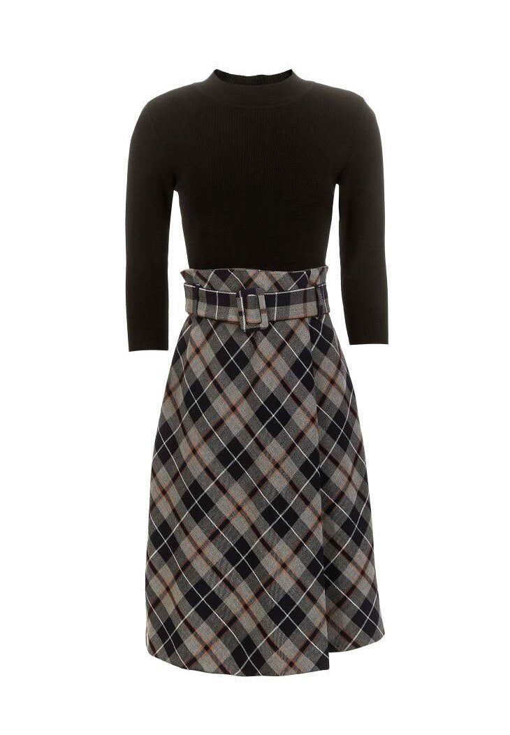 OL Style Plaid Round Neckline 3/4 Sleeves Knit Dress