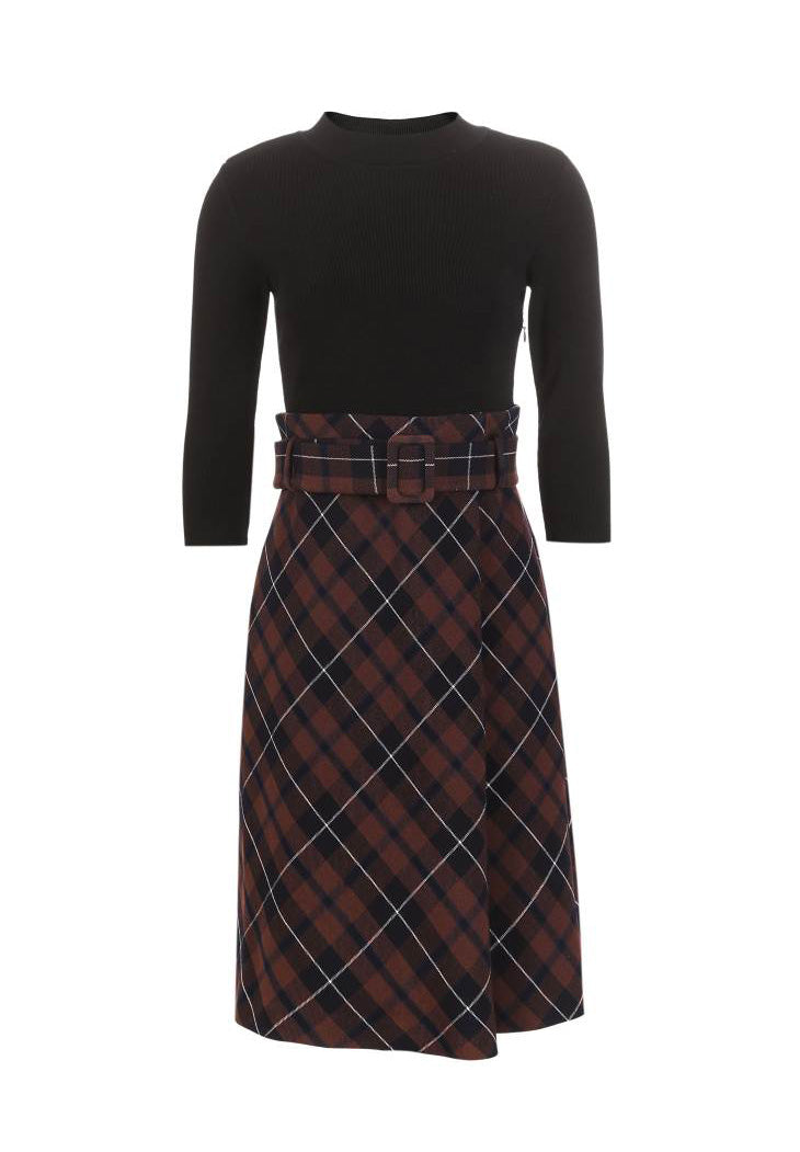 OL Style Plaid Round Neckline 3/4 Sleeves Knit Dress