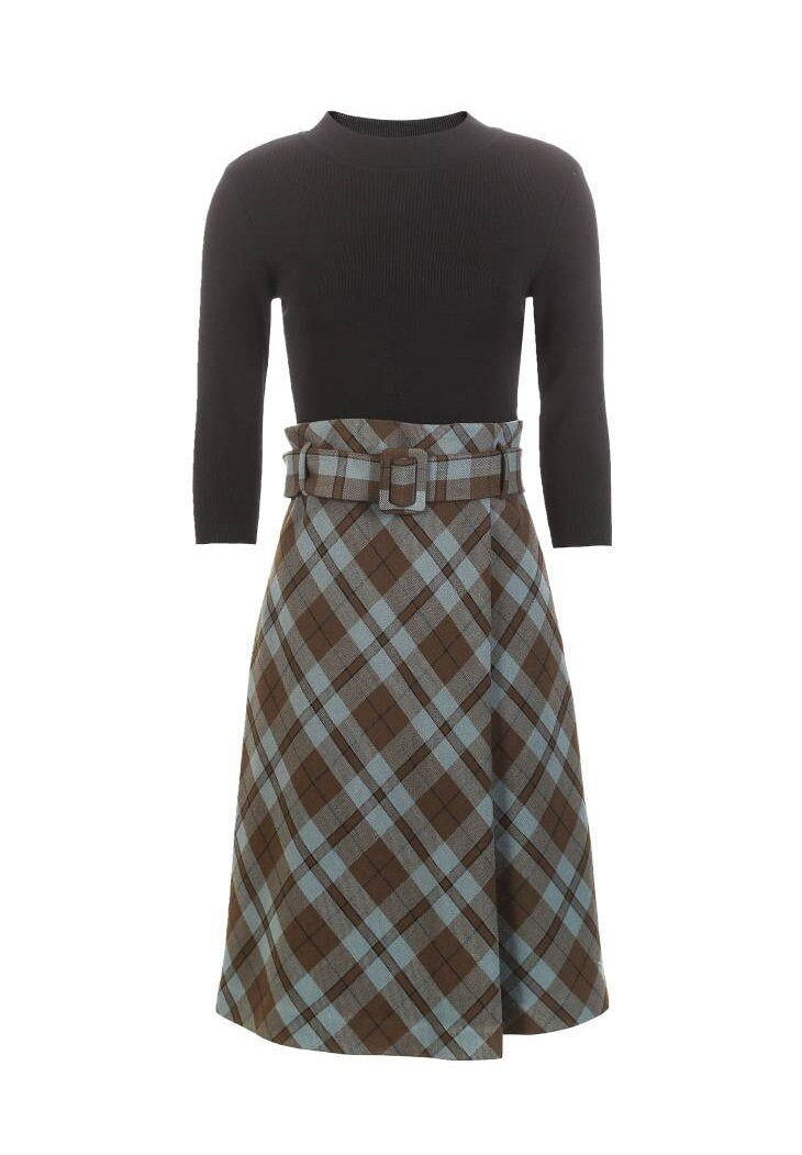 OL Style Plaid Round Neckline 3/4 Sleeves Knit Dress