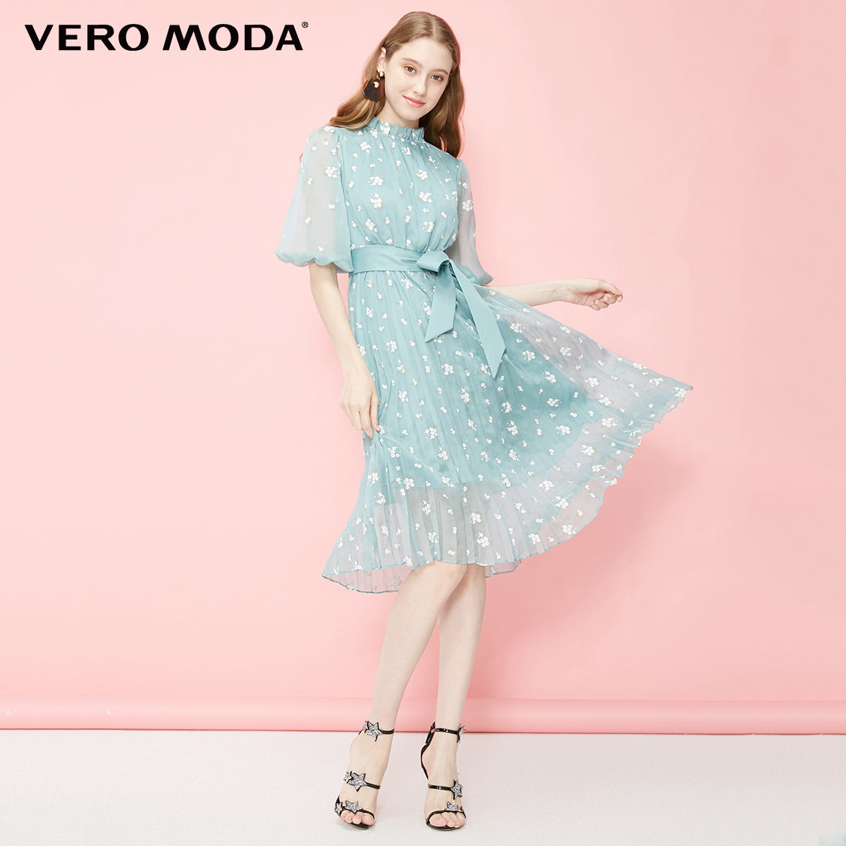 Floral Chiffon Elbow Sleeves Dress