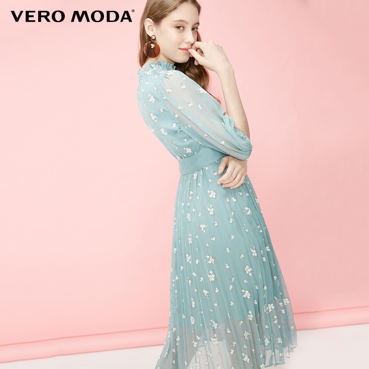 Floral Chiffon Elbow Sleeves Dress