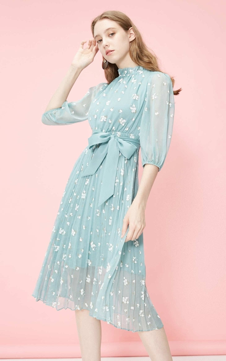 Floral Chiffon Elbow Sleeves Dress