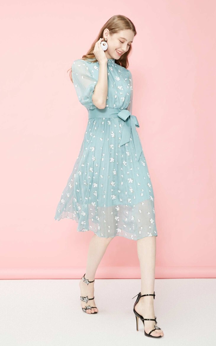 Floral Chiffon Elbow Sleeves Dress