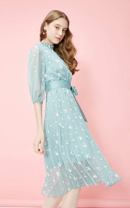 Floral Chiffon Elbow Sleeves Dress