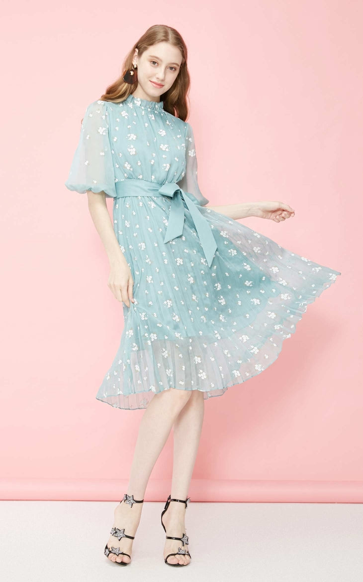Floral Chiffon Elbow Sleeves Dress