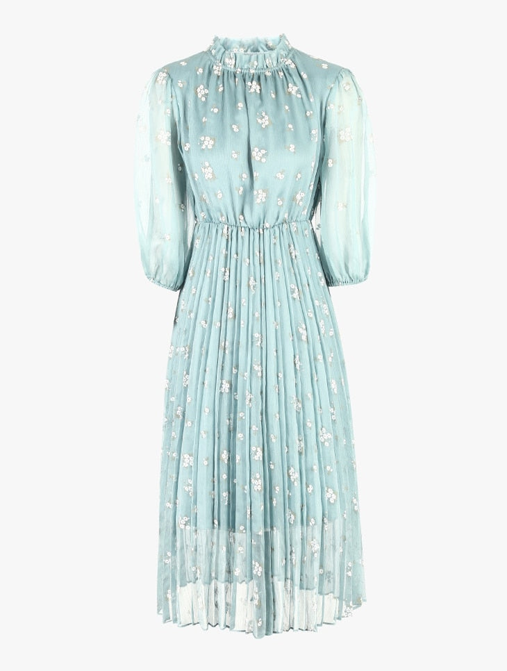 Floral Chiffon Elbow Sleeves Dress