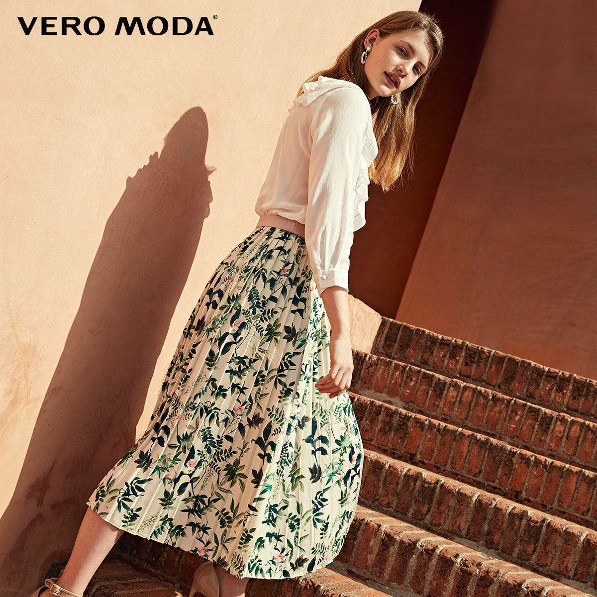 Pleated Splice Decorative Buttons Side Zip Skirt