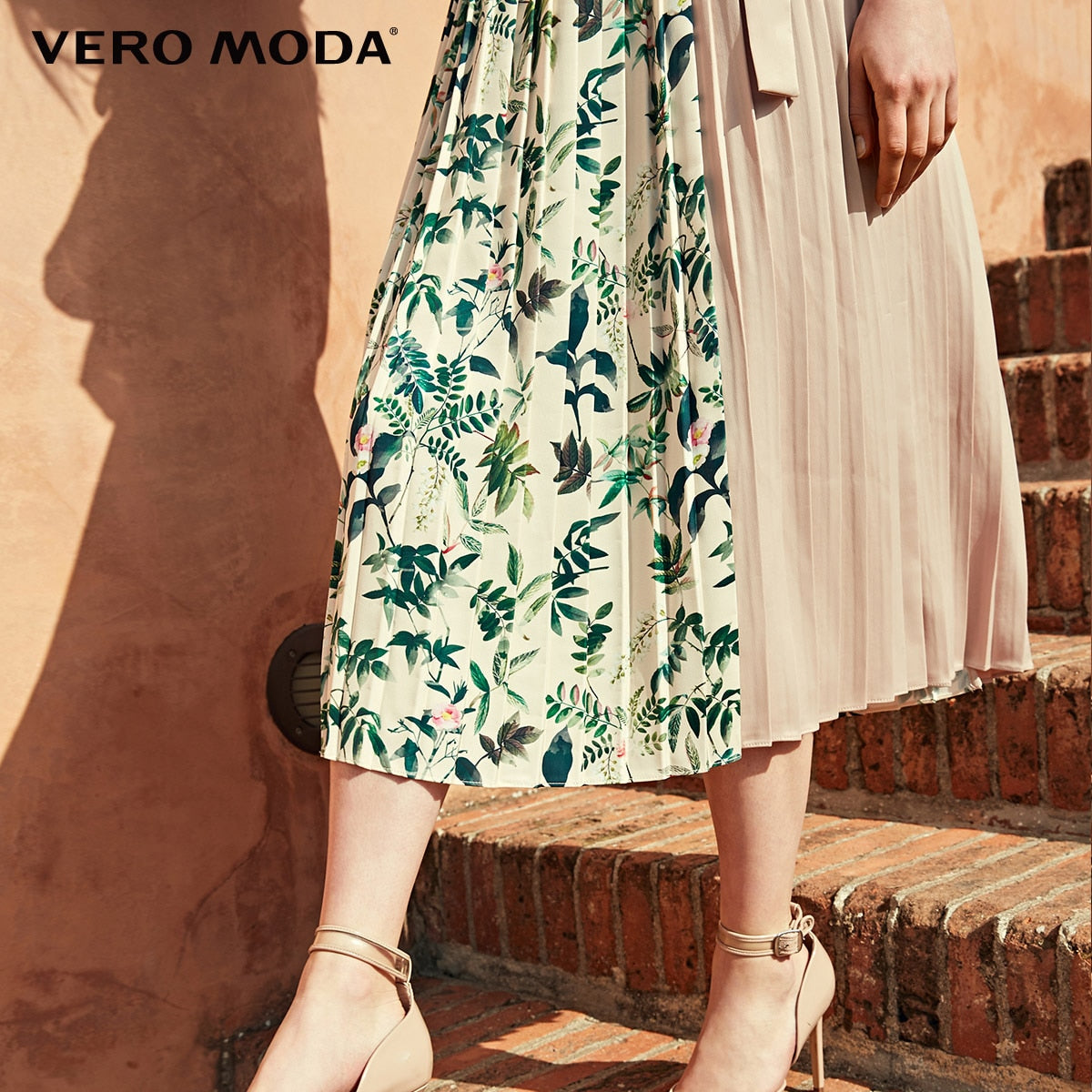 Pleated Splice Decorative Buttons Side Zip Skirt