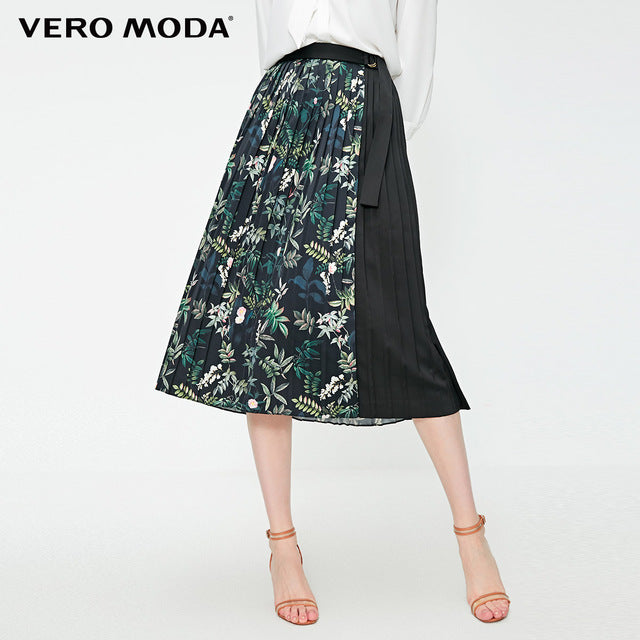 Pleated Splice Decorative Buttons Side Zip Skirt