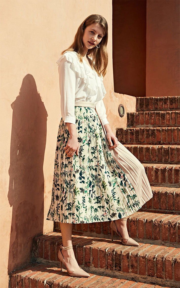 Pleated Splice Decorative Buttons Side Zip Skirt