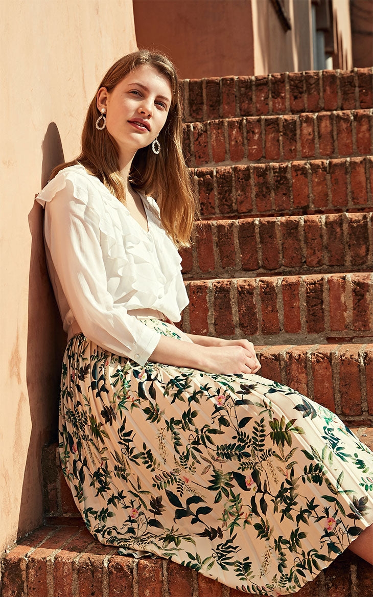 Pleated Splice Decorative Buttons Side Zip Skirt