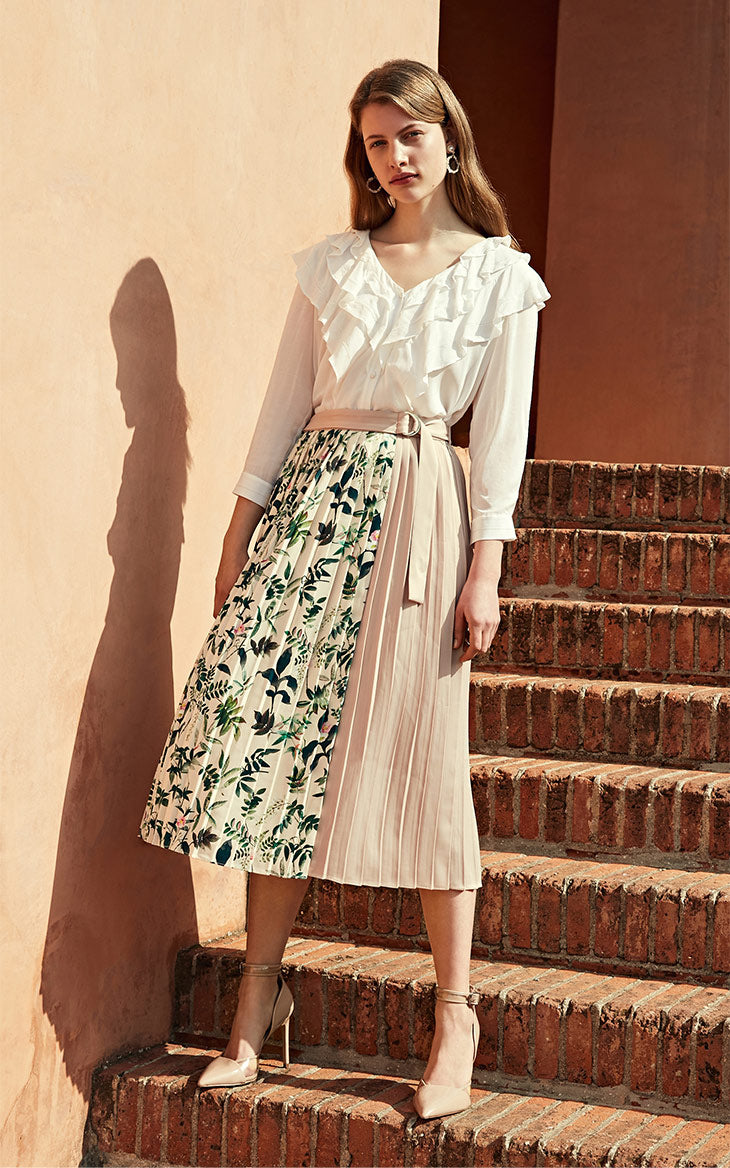 Pleated Splice Decorative Buttons Side Zip Skirt