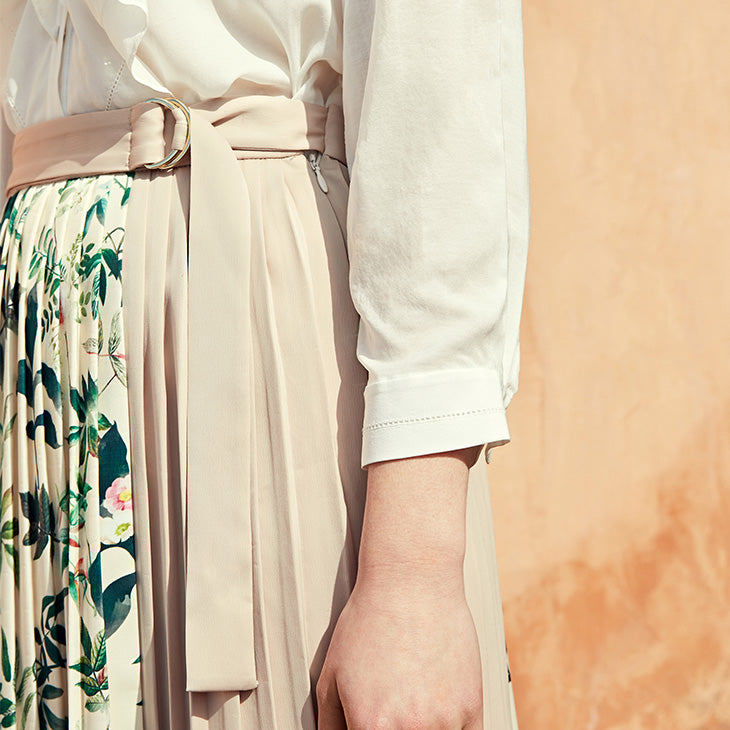 Pleated Splice Decorative Buttons Side Zip Skirt